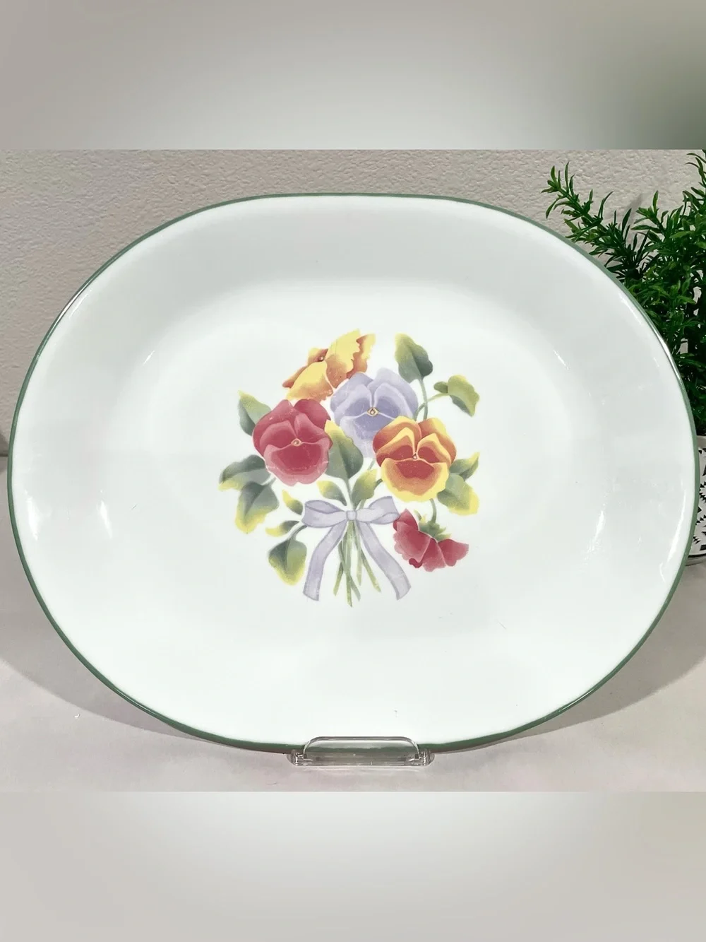 💥3/$50 Corelle “Summer Blush” Floral 12” Oval Serving Platter Green Trim | EUC